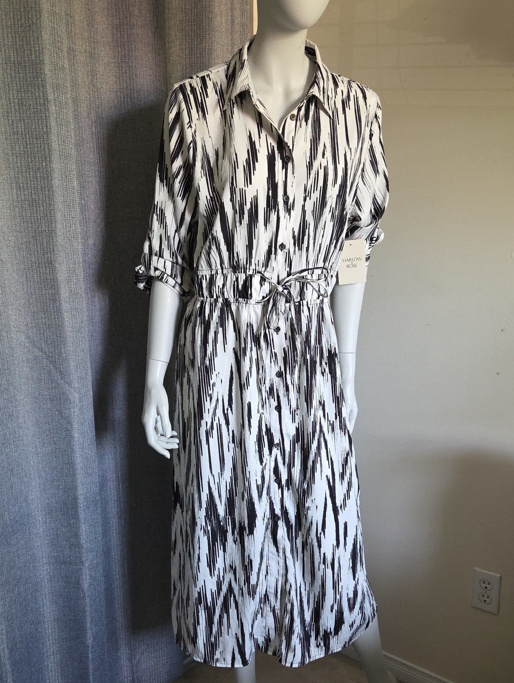 NWT Harlow & Rose Semi-Sheer Black & White Midi Shirt Dress w Cinch Waist Tie